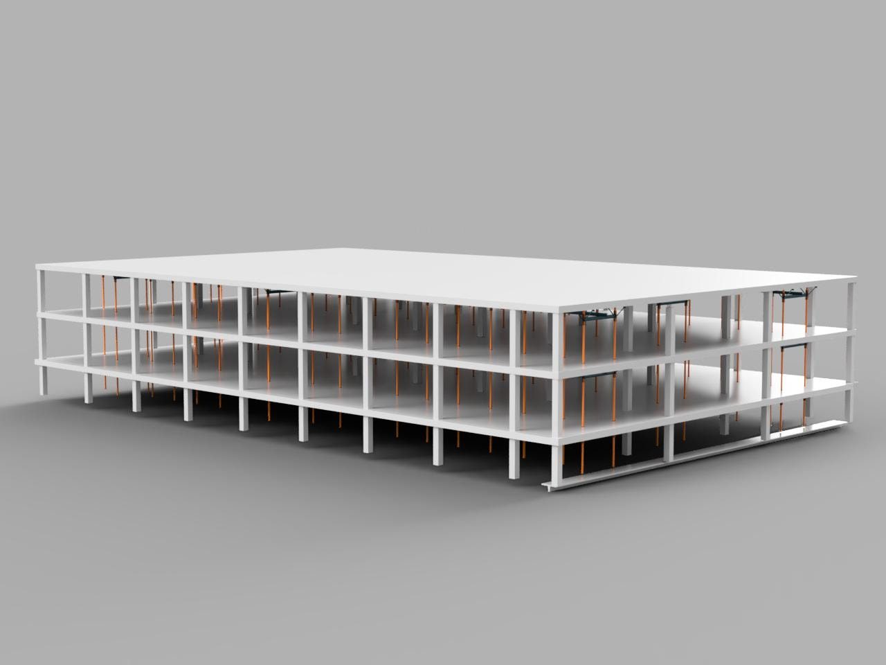 Fusion 360 aerial rendering showing full 3-story structural steel frame with orange support columns