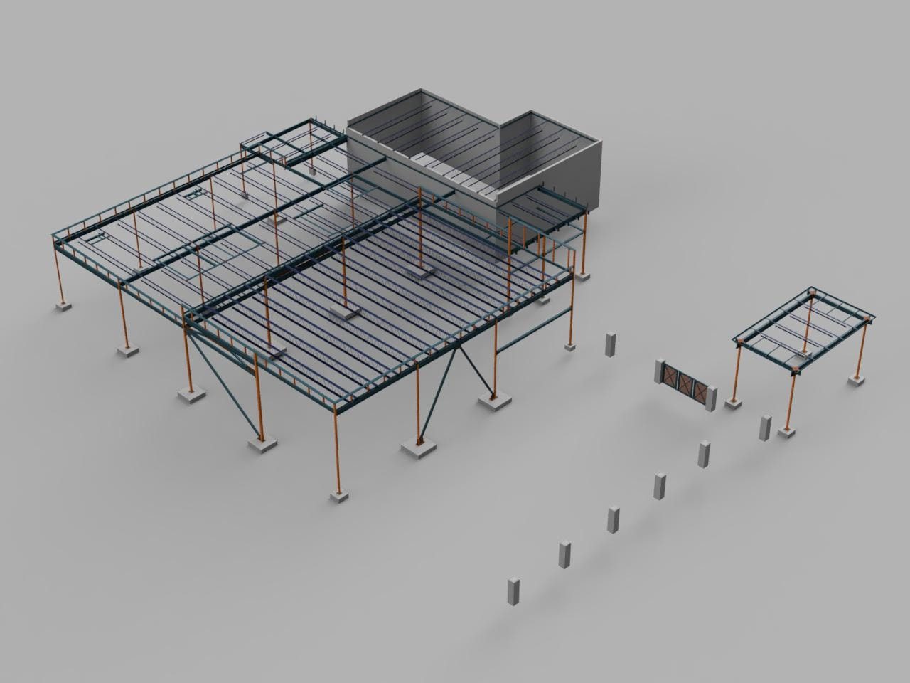 Full steel frame isometric rendering with ornamental fence and canopy